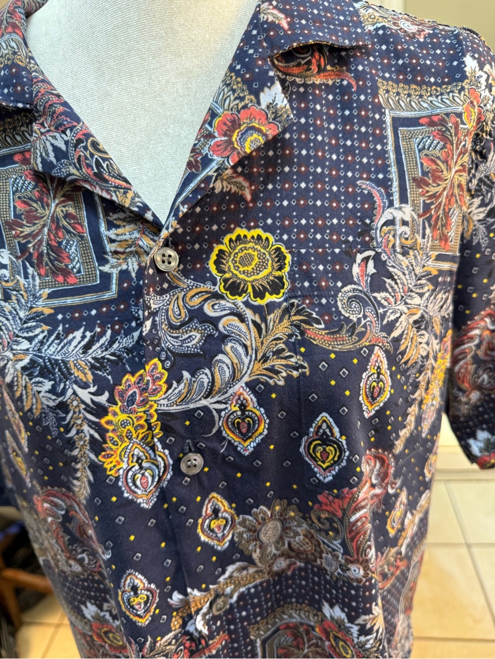 Murano Men’s Large Slim Fit Camp Collar Short Sleeve Paisley Floral Boho Button- - Picture 5 of 12
